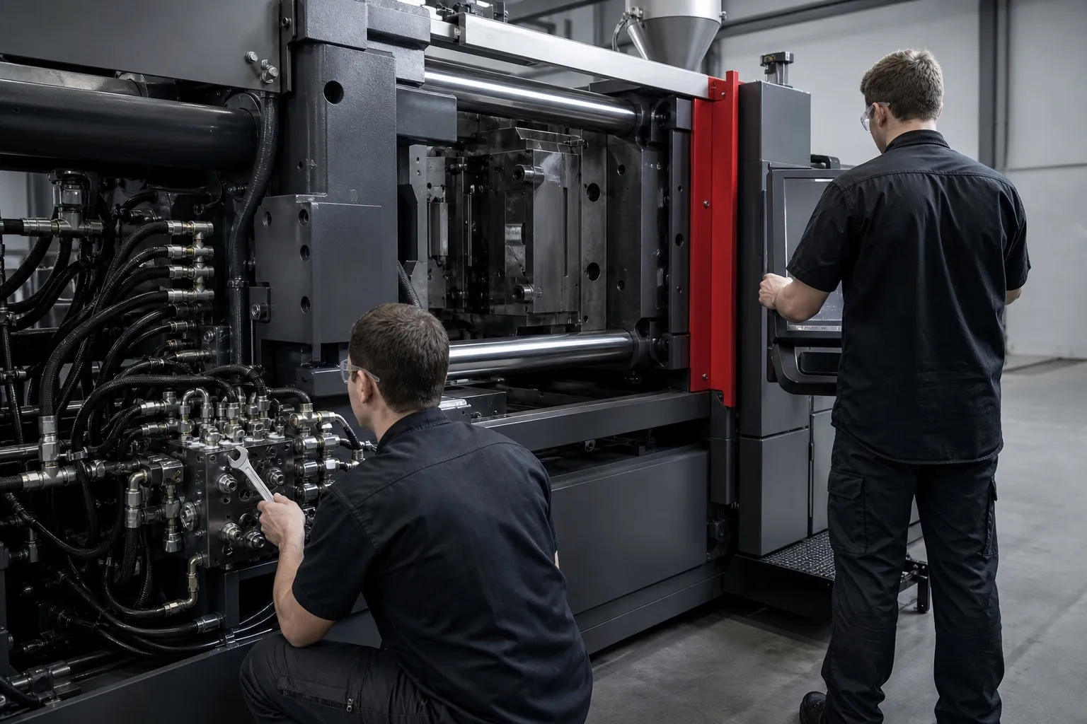 Engineers setting up an injection moulding machine