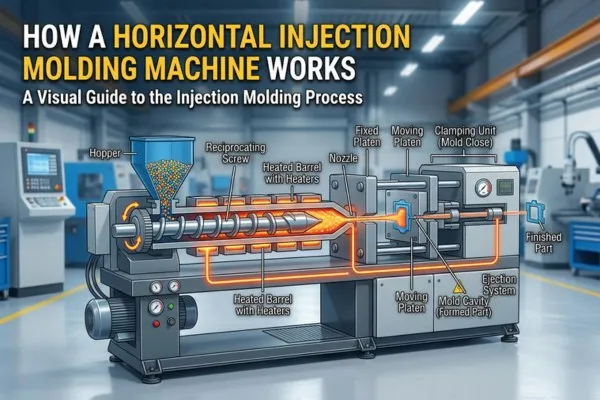 Cutaway showing how a horizontal injection moulding machine works