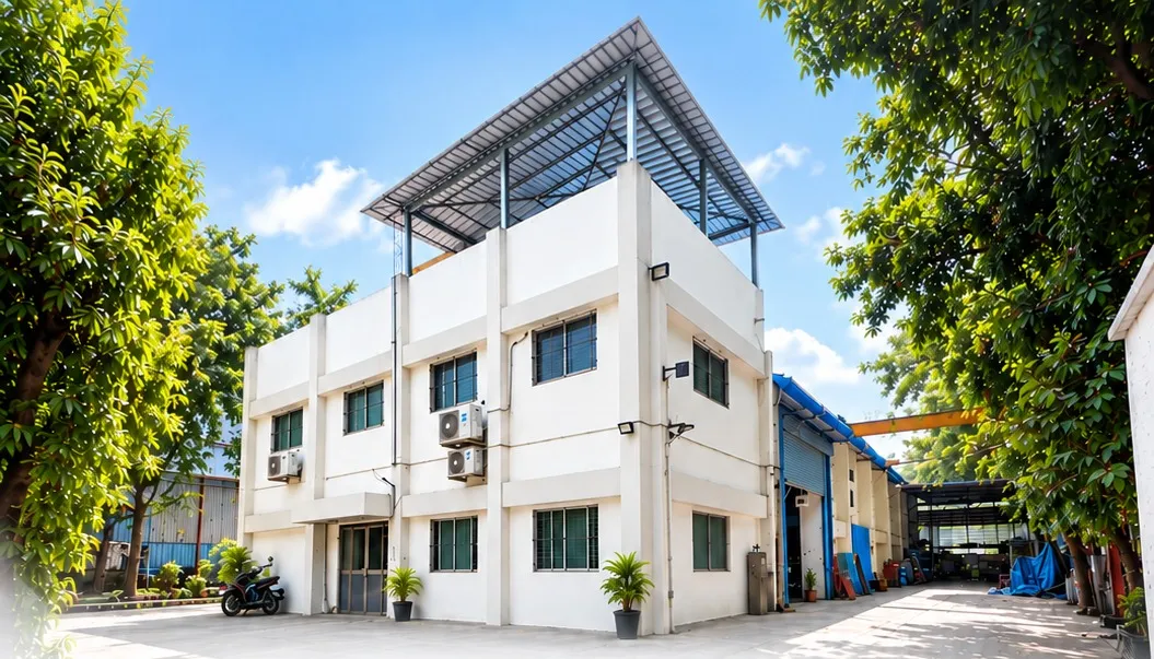 The Pratishna Engineers office building, with the workshop bays behind it