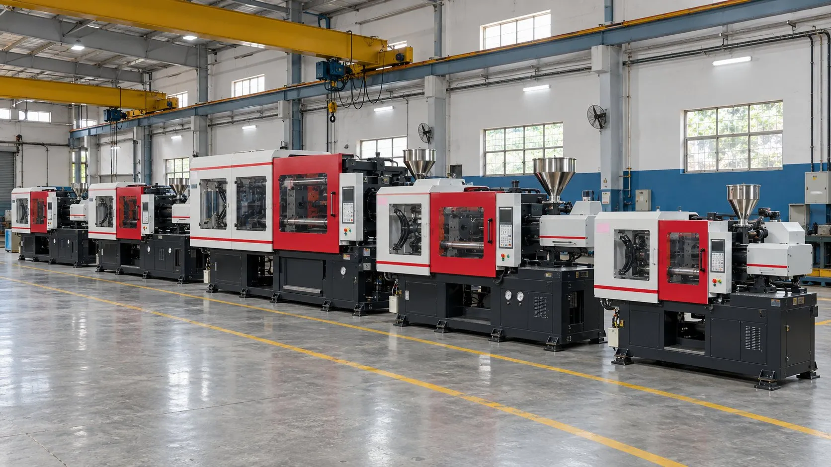 A row of Pratishna injection moulding machines on the factory floor